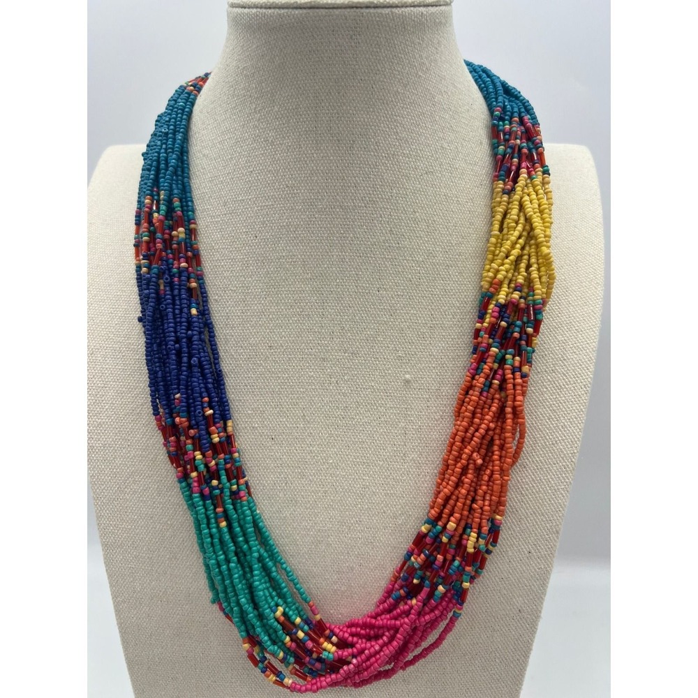 Multistrand Seed Bead Statement Necklace Southwest Boho Artisan Multicolor Glass